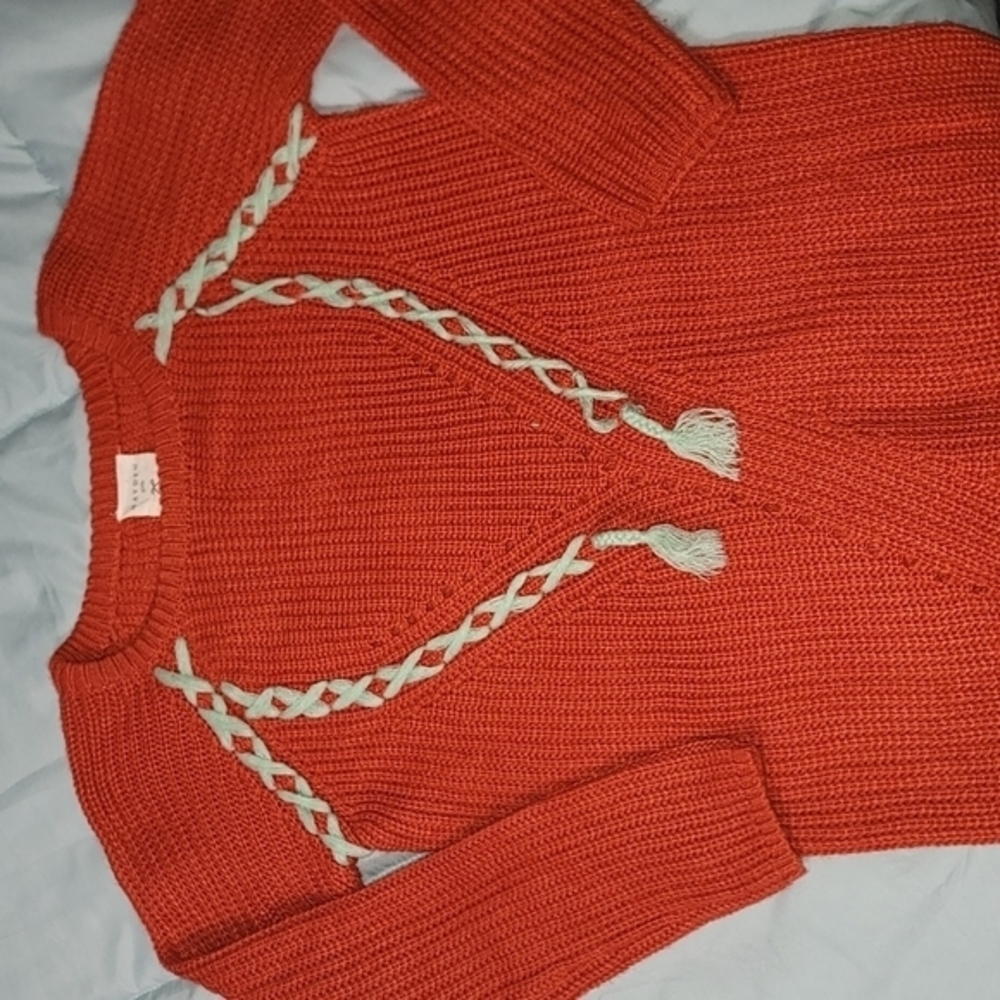 Hayden Girls Orange Knit 100% Acrylic Sweater w/Blue Laced Design. Women's 13/14